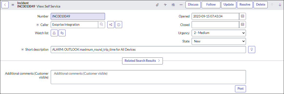 Example ServiceNow ticket generated by Exoprise ServiceWatch